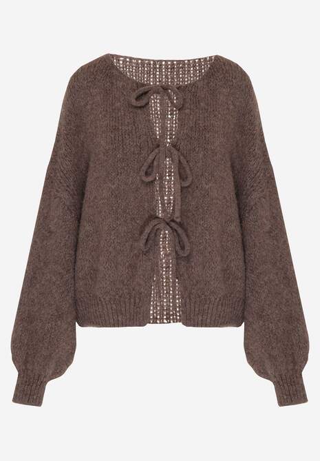 Jasnobrązowy Kardigan z Wełną o Kroju Oversize z Wiązanymi Kokardami Elearina 6