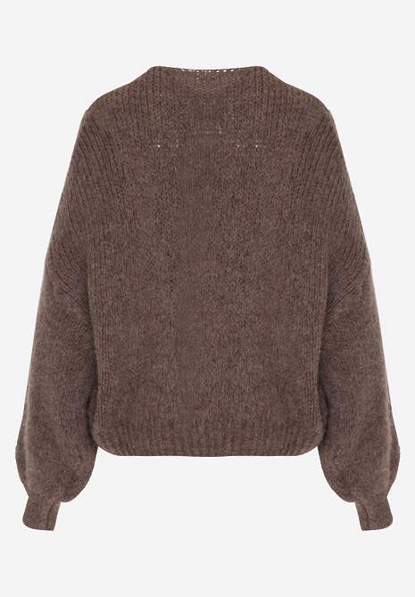 Jasnobrązowy Kardigan z Wełną o Kroju Oversize z Wiązanymi Kokardami Elearina 7