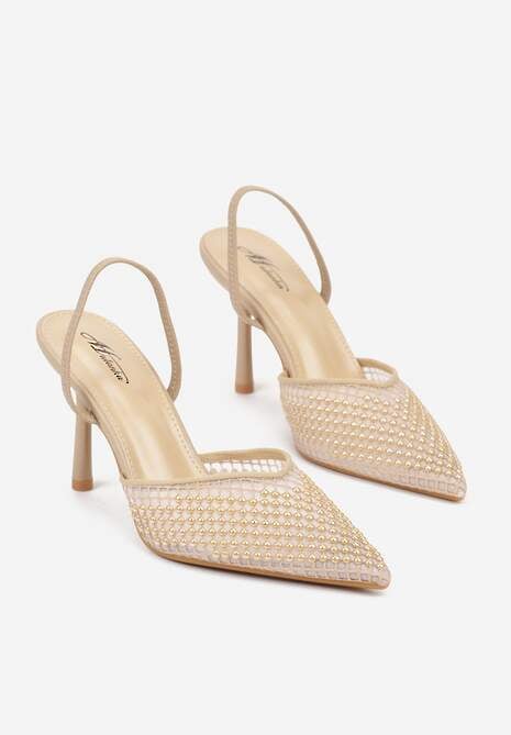 Ciemnobeżowe Sandały na Szpilce z Siateczkowym Noskiem z Aplikacją z Perełek Aurifera 5