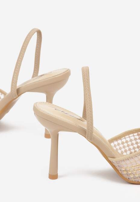 Ciemnobeżowe Sandały na Szpilce z Siateczkowym Noskiem z Aplikacją z Perełek Aurifera 6