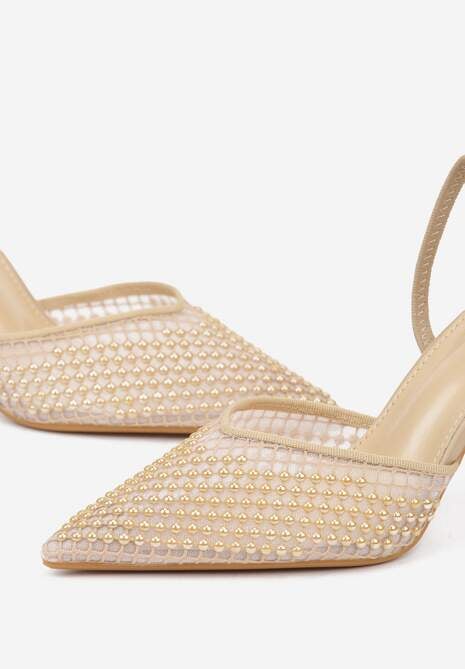 Ciemnobeżowe Sandały na Szpilce z Siateczkowym Noskiem z Aplikacją z Perełek Aurifera 7