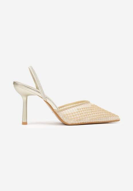 Złote Sandały na Szpilce z Siateczkowym Noskiem z Aplikacją z Perełek Aurifera 4