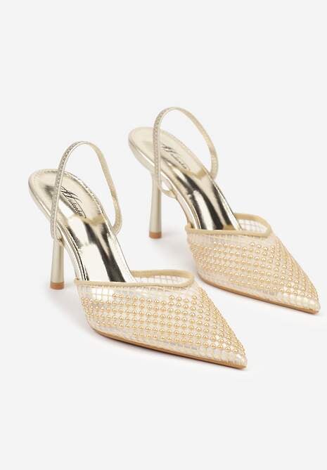 Złote Sandały na Szpilce z Siateczkowym Noskiem z Aplikacją z Perełek Aurifera 5