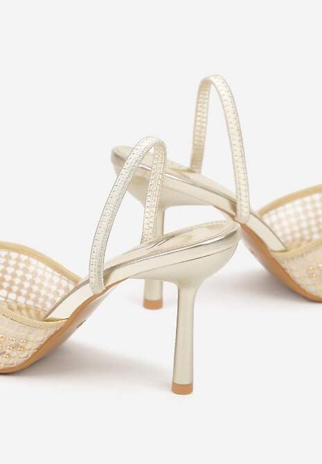 Złote Sandały na Szpilce z Siateczkowym Noskiem z Aplikacją z Perełek Aurifera 6