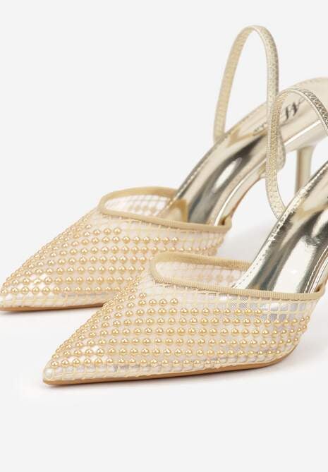 Złote Sandały na Szpilce z Siateczkowym Noskiem z Aplikacją z Perełek Aurifera 7
