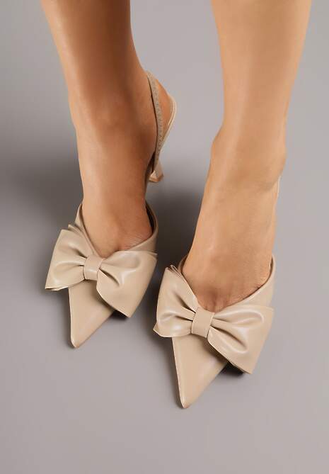 Ciemnobeżowe Sandały na Szpilce Slingback Ozdobione Kokardą Terrafera 4