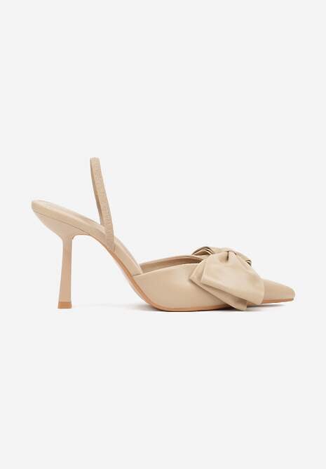 Ciemnobeżowe Sandały na Szpilce Slingback Ozdobione Kokardą Terrafera 4