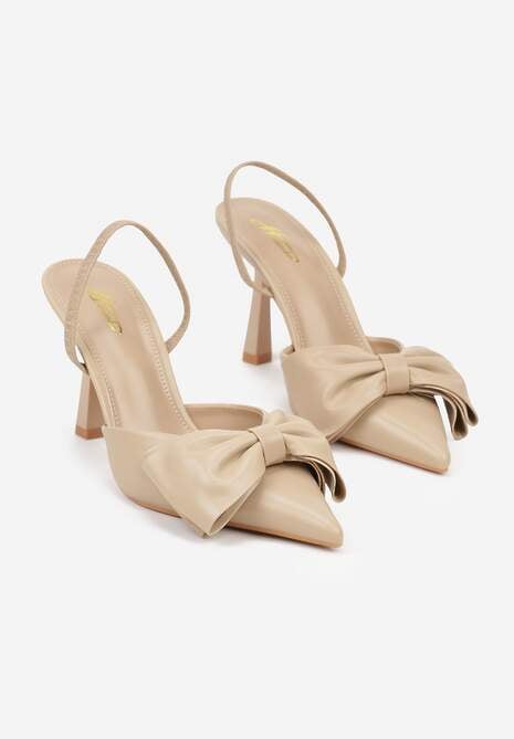 Ciemnobeżowe Sandały na Szpilce Slingback Ozdobione Kokardą Terrafera 5
