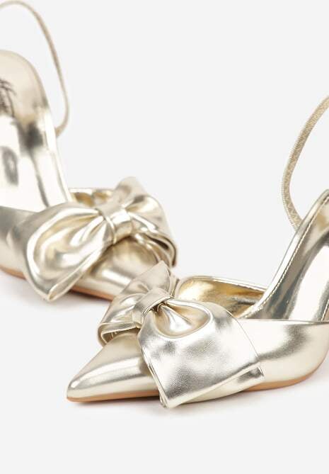 Złote Sandały na Szpilce Slingback Ozdobione Kokardą Terrafera 7