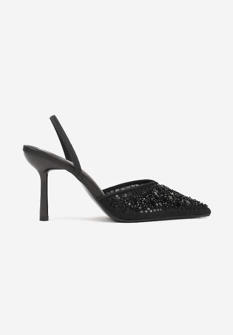 Czarne Szpilki Slingback Zdobione Perełkami i Cekinami Irifera 4