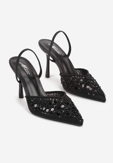 Czarne Szpilki Slingback Zdobione Perełkami i Cekinami Irifera 5