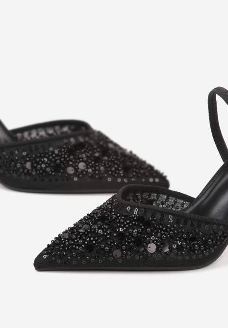 Czarne Szpilki Slingback Zdobione Perełkami i Cekinami Irifera 6