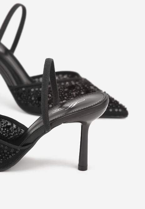 Czarne Szpilki Slingback Zdobione Perełkami i Cekinami Irifera 7
