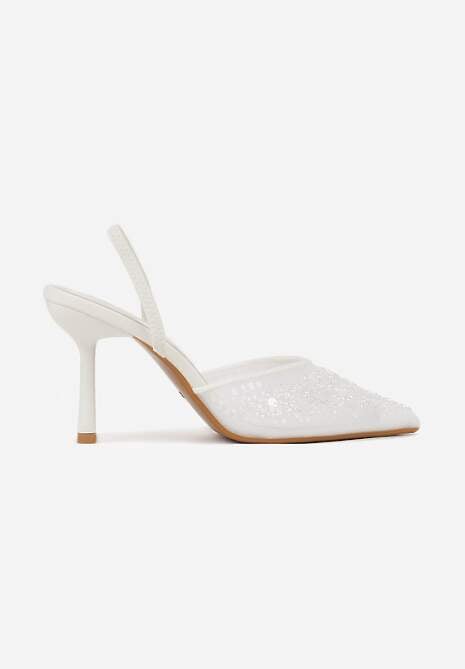 Białe Szpilki Slingback Zdobione Perełkami i Cekinami Irifera 4