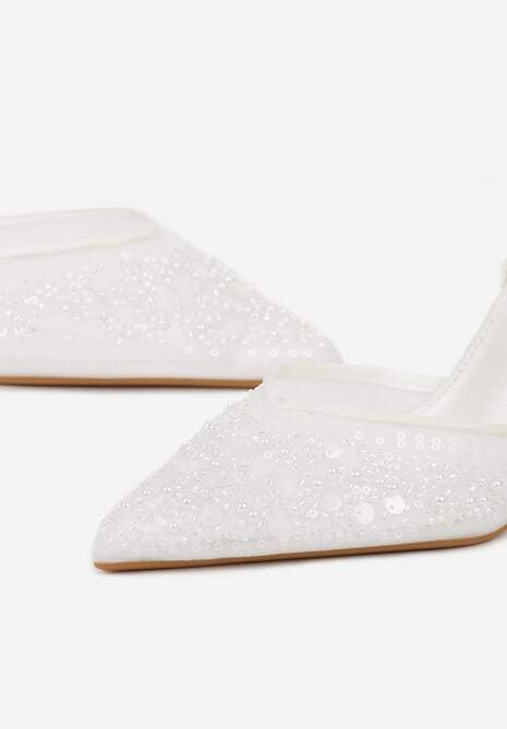Białe Szpilki Slingback Zdobione Perełkami i Cekinami Irifera 7