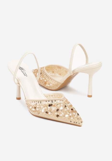 Beżowe Szpilki Slingback Zdobione Perełkami i Cekinami Irifera 5