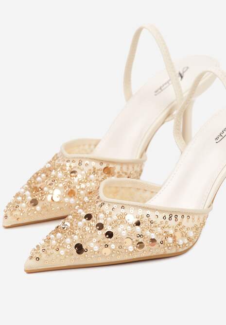 Beżowe Szpilki Slingback Zdobione Perełkami i Cekinami Irifera 6