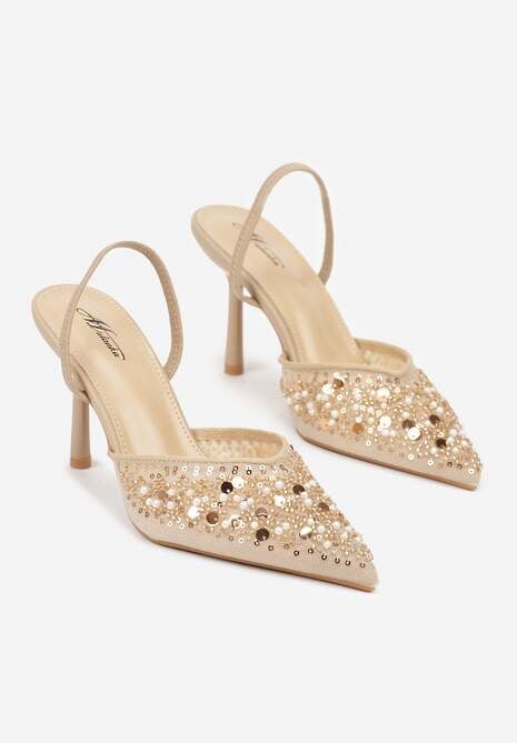 Ciemnobeżowe Szpilki Slingback Zdobione Perełkami i Cekinami Irifera 5