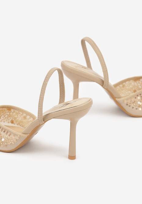 Ciemnobeżowe Szpilki Slingback Zdobione Perełkami i Cekinami Irifera 6