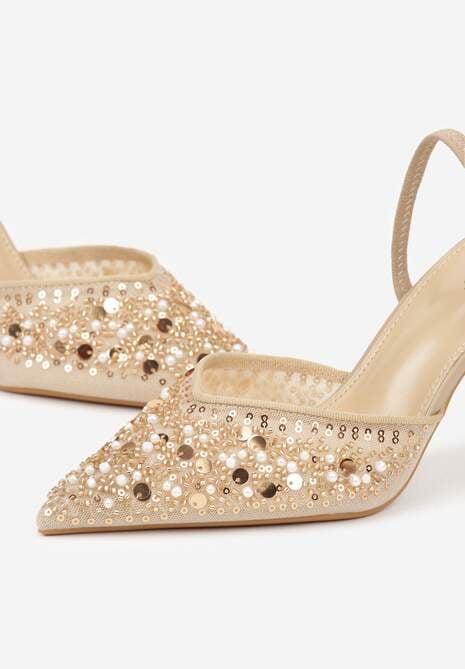 Ciemnobeżowe Szpilki Slingback Zdobione Perełkami i Cekinami Irifera 7