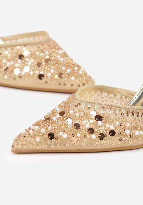 Złote Szpilki Slingback Zdobione Perełkami i Cekinami Irifera 6