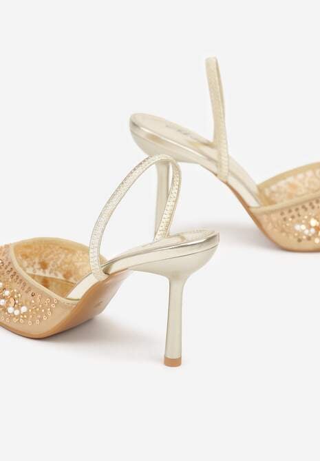 Złote Szpilki Slingback Zdobione Perełkami i Cekinami Irifera 7