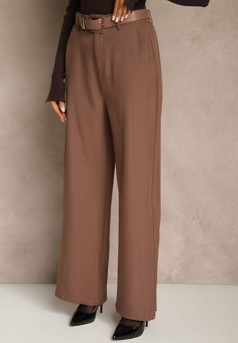 Brązowe Szerokie Spodnie Garniturowe z Wysokim Stanem i Paskiem z Klamrą Fevelira 4