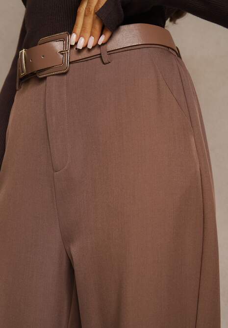 Brązowe Szerokie Spodnie Garniturowe z Wysokim Stanem i Paskiem z Klamrą Fevelira 5
