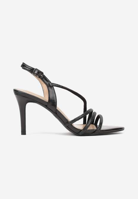 Czarne Cyrkoniowe Sandały na Obcasie Typu Szpilka Kalefera 4