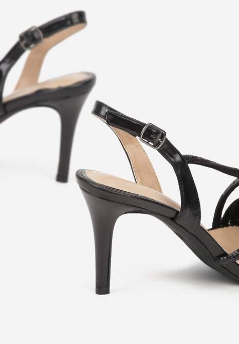 Czarne Cyrkoniowe Sandały na Obcasie Typu Szpilka Kalefera 6