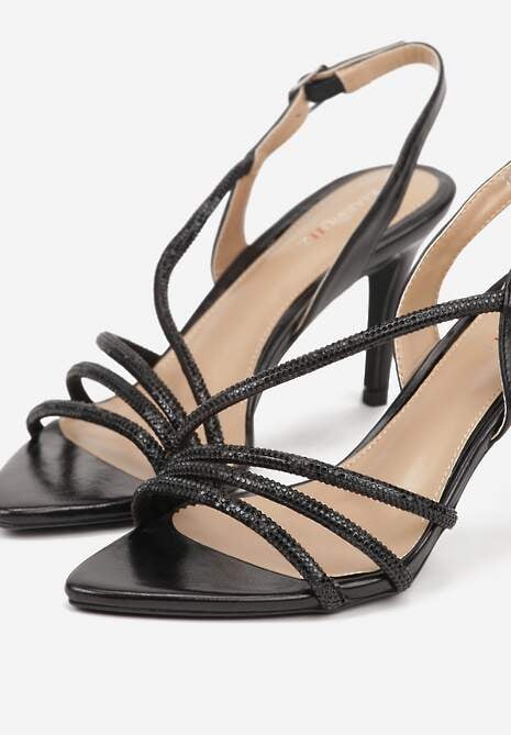 Czarne Cyrkoniowe Sandały na Obcasie Typu Szpilka Kalefera 7