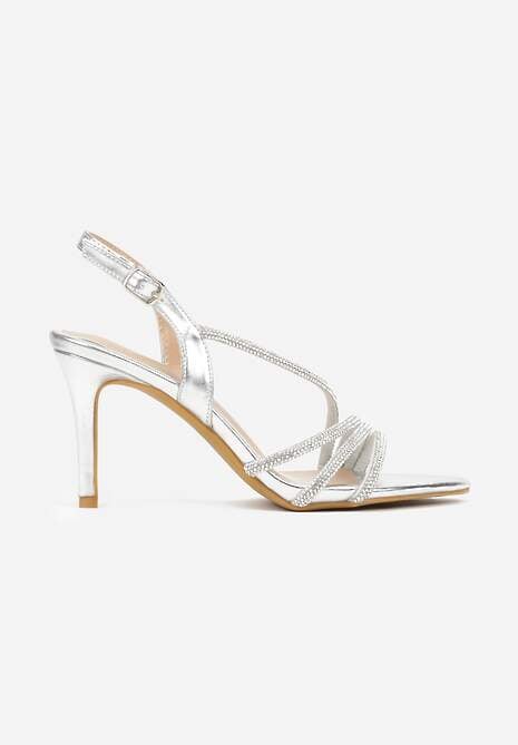 Srebrne Cyrkoniowe Sandały na Obcasie Typu Szpilka Kalefera 4