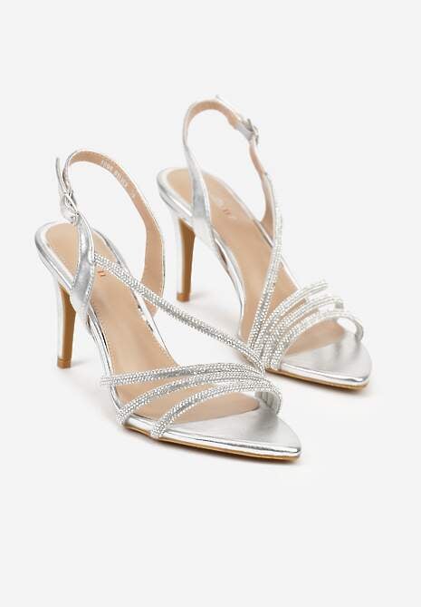Srebrne Cyrkoniowe Sandały na Obcasie Typu Szpilka Kalefera 5