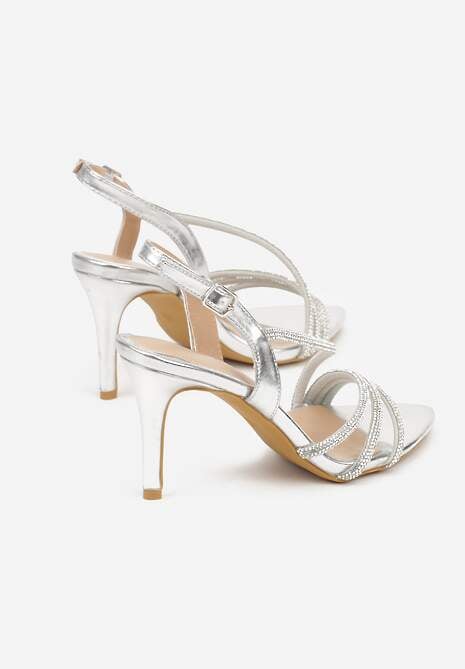 Srebrne Cyrkoniowe Sandały na Obcasie Typu Szpilka Kalefera 6