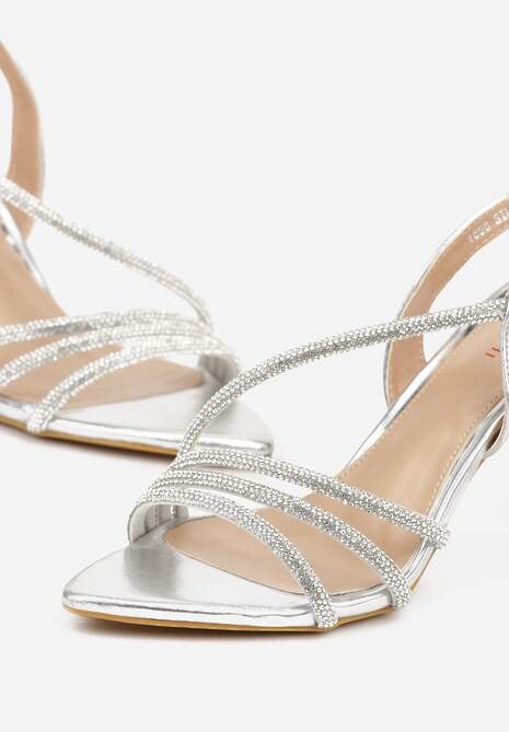 Srebrne Cyrkoniowe Sandały na Obcasie Typu Szpilka Kalefera 7