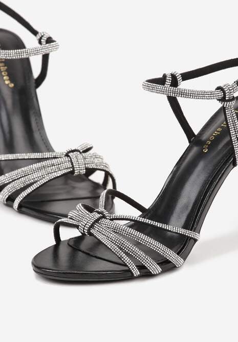 Czarne Sandały na Szpilce z Przeplatanymi Paskami z Cyrkoniami Lunafera 6