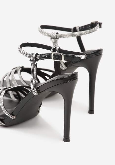 Czarne Sandały na Szpilce z Przeplatanymi Paskami z Cyrkoniami Lunafera 7