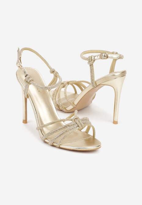 Złote Sandały na Szpilce z Przeplatanymi Paskami z Cyrkoniami Lunafera 5