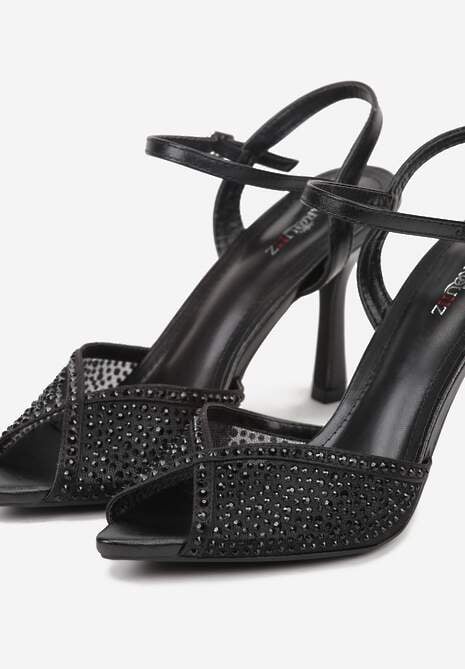 Czarne Eleganckie Sandały na Szpilce Ozdobione Cyrkoniami  Viofera 6