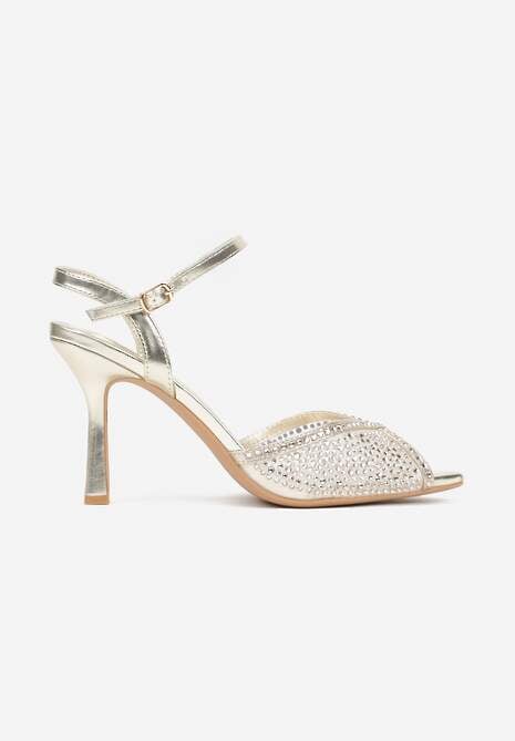 Złote Eleganckie Sandały na Szpilce Ozdobione Cyrkoniami  Viofera 4