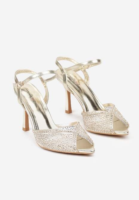 Złote Eleganckie Sandały na Szpilce Ozdobione Cyrkoniami  Viofera 5