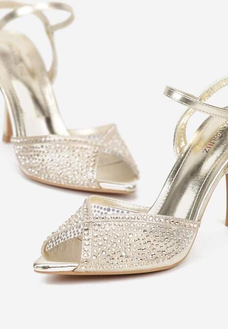 Złote Eleganckie Sandały na Szpilce Ozdobione Cyrkoniami  Viofera 6