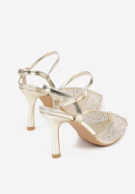 Złote Eleganckie Sandały na Szpilce Ozdobione Cyrkoniami  Viofera 7