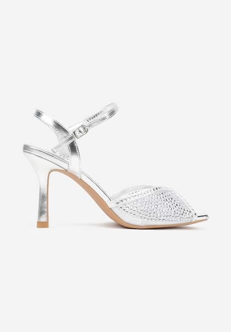 Srebrne Eleganckie Sandały na Szpilce Ozdobione Cyrkoniami  Viofera 4