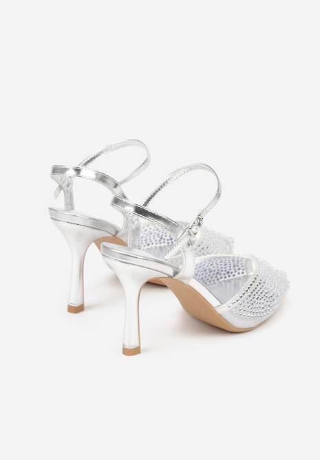 Srebrne Eleganckie Sandały na Szpilce Ozdobione Cyrkoniami  Viofera 6