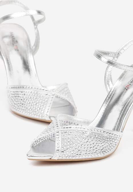 Srebrne Eleganckie Sandały na Szpilce Ozdobione Cyrkoniami  Viofera 7