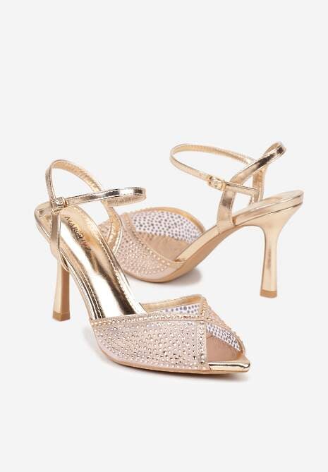 Szampańskie Eleganckie Sandały na Szpilce Ozdobione Cyrkoniami  Viofera 5