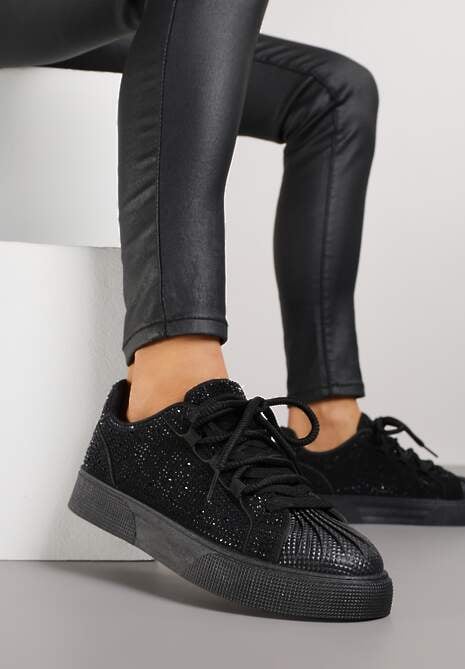 Czarne Cyrkoniowe Sneakersy Zdobione Marszczeniem na Nosku Westafera