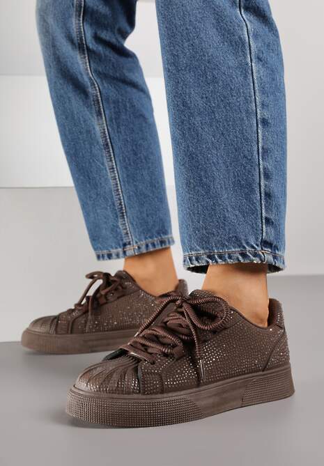 Brązowe Cyrkoniowe Sneakersy Zdobione Marszczeniem na Nosku Westafera