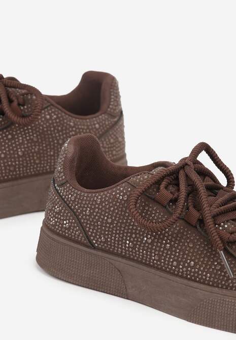 Brązowe Cyrkoniowe Sneakersy Zdobione Marszczeniem na Nosku Westafera 7